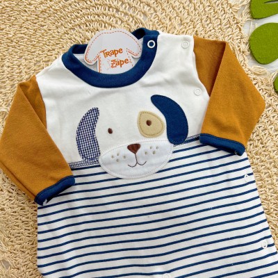 Macacão Trape Zape - Dog com Orelhinha Xadrez - Off White e Ferrugem com Marinho